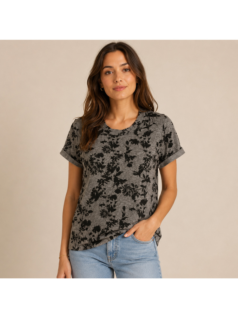 Sol Angeles for Anthropologie Zen Tee Gray Black Floral Short Sleeve Top M